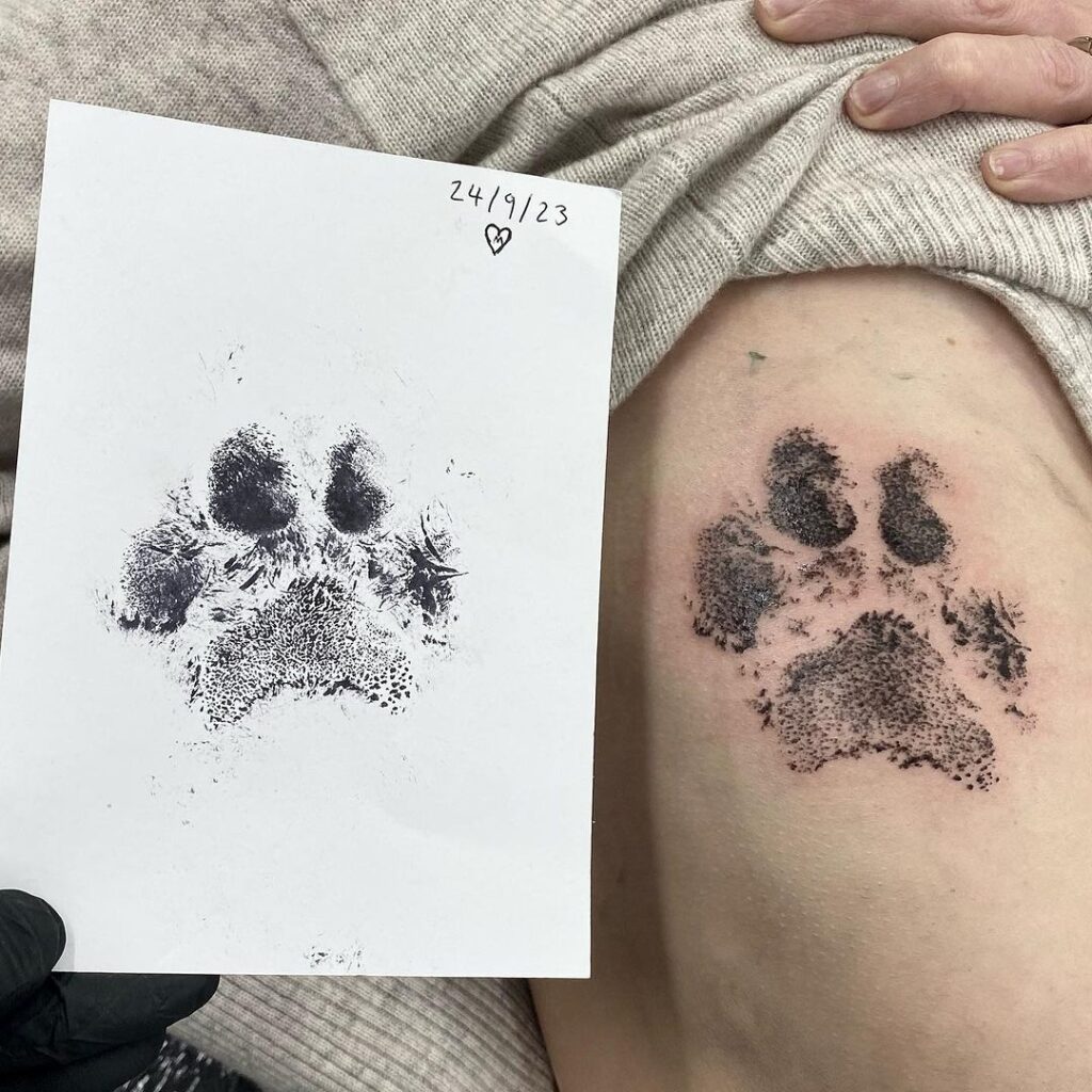 A paw print tattoo on the ribcage