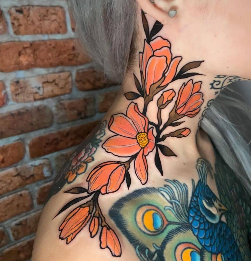 Neo-traditional tattoo featuring a vibrant orange floral design extending from the shoulder to the neck, with detailed petals and leaves against a backdrop of brick texture, exemplifying the fusion of nature and art in body ink.