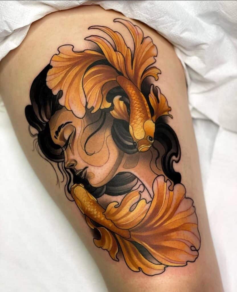 Neo-traditional tattoo depicting an elegant golden koi fish entwined with flowing dark and golden waves, inked with intricate detail and vibrant shades, symbolizing good fortune and strength.
