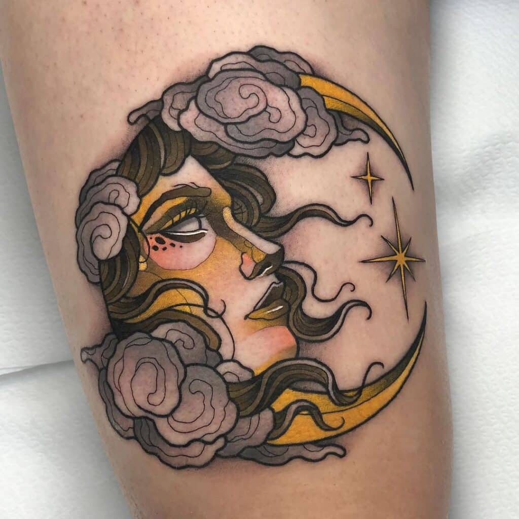 Moon Neo-traditional tattoo of a woman's face with roses and crescent moon, showcasing bold lines and vibrant colors, perfect for feminine body art inspiration