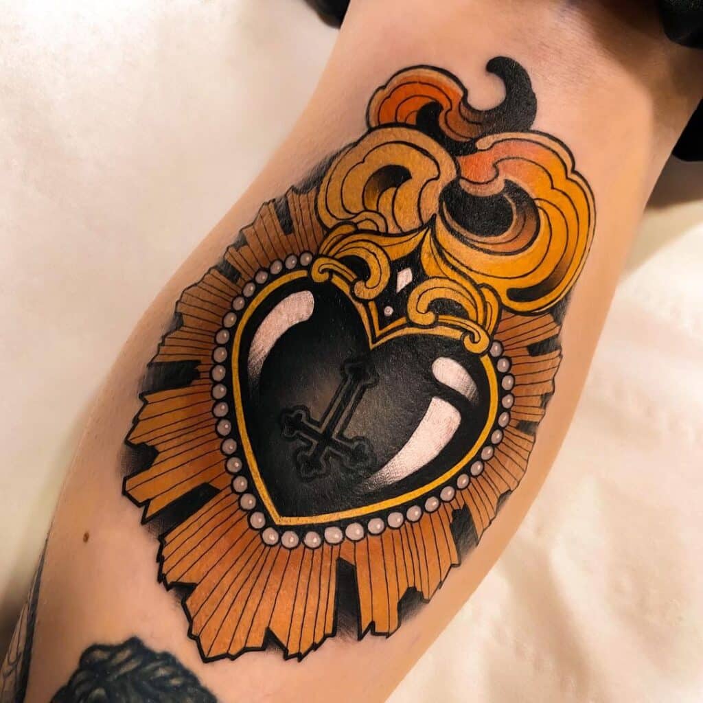 Neo-traditional tattoo of a satanic sacred heart, symbolizing God's love for mankind, rendered with bold lines and vibrant colors characteristic of the neo-traditional style. This tattoo exemplifies the skill and versatility of a talented neo-traditional tattoo artist in transforming any element into a captivating and unique design.