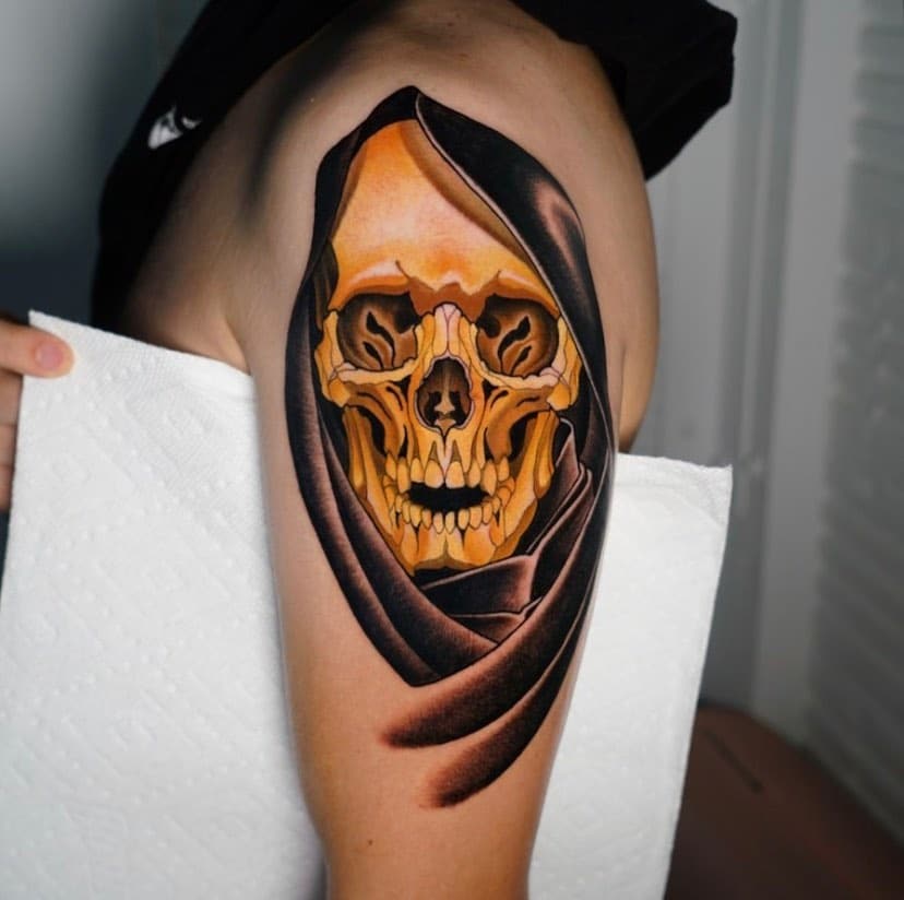 Neo-traditional tattoo of a skull, a popular motif in tattoo art, depicted in a distinctive and stylized neo-traditional style. This artistic approach adds a contemporary twist to the traditional skull design, making it stand out and feel truly original.