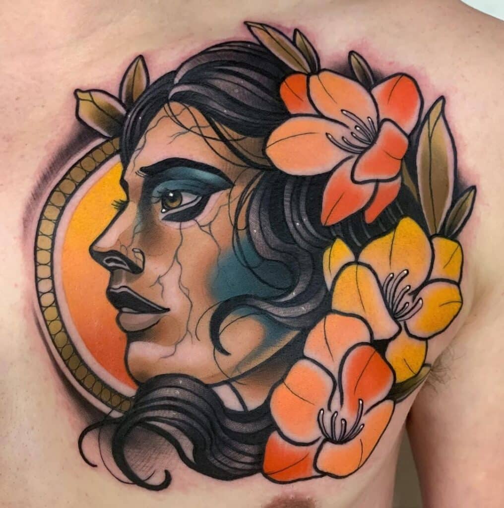Neo-traditional tattoo featuring a portrait combined with intricate floral elements, resulting in a stunning and pride-worthy body art. This tattoo style blends traditional and modern elements seamlessly, creating intricate and visually captivating designs that are sure to impress.